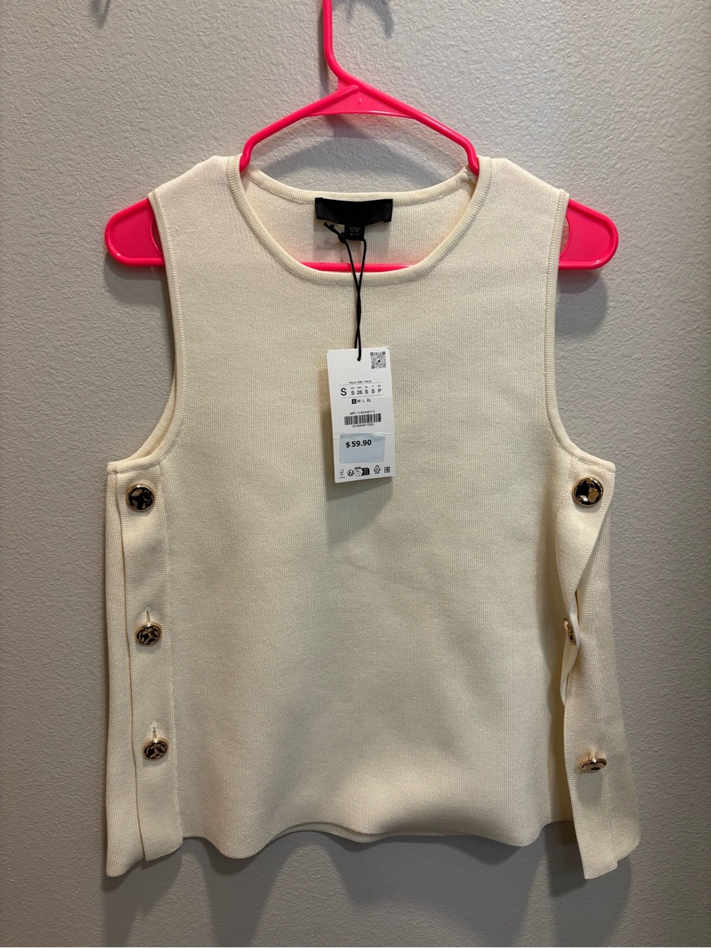 Zara Cream Sleeveless Knit Tank with Gold Button Trim